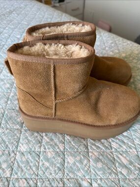 UGG Chestnut Suede Short Platform Booties with Shearling
